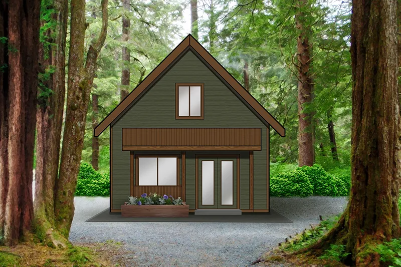 a rendering of a misty cabin in the woods